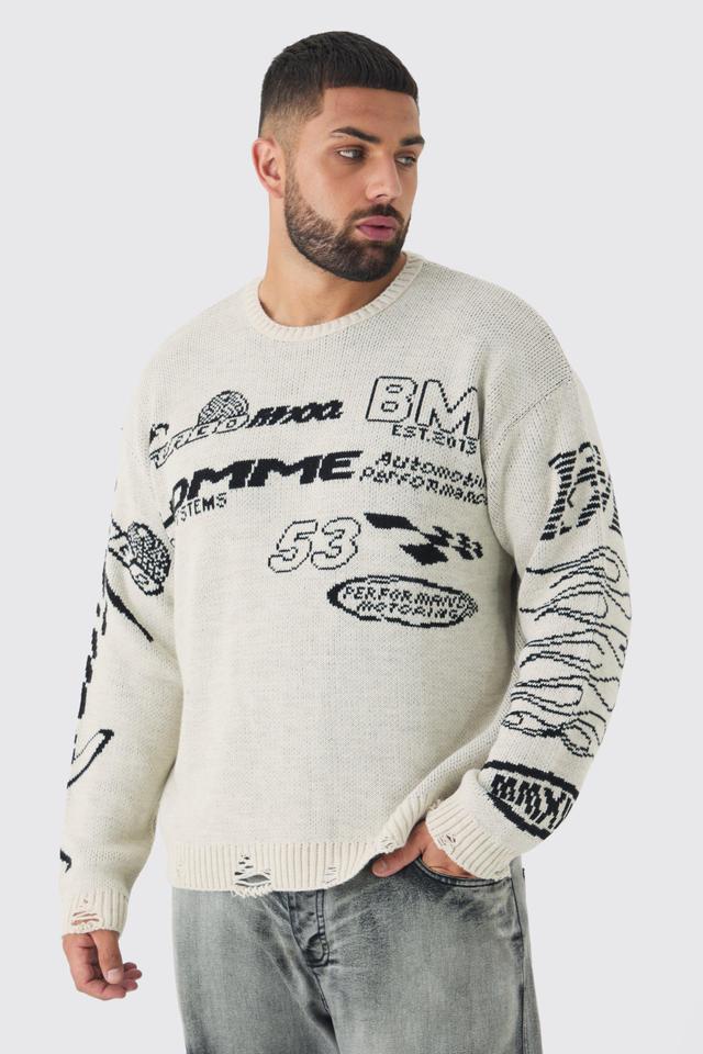 Plus Distressed Moto Crew Neck Sweater | boohooMAN USA Product Image