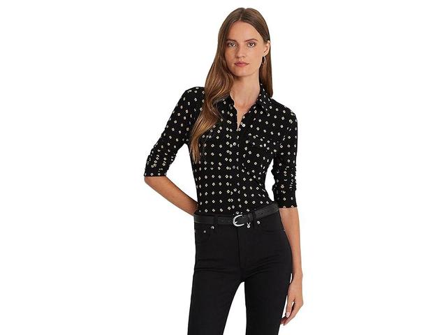 LAUREN Ralph Lauren Geo-Print Stretch Jersey Shirt Tan) Women's Clothing Product Image