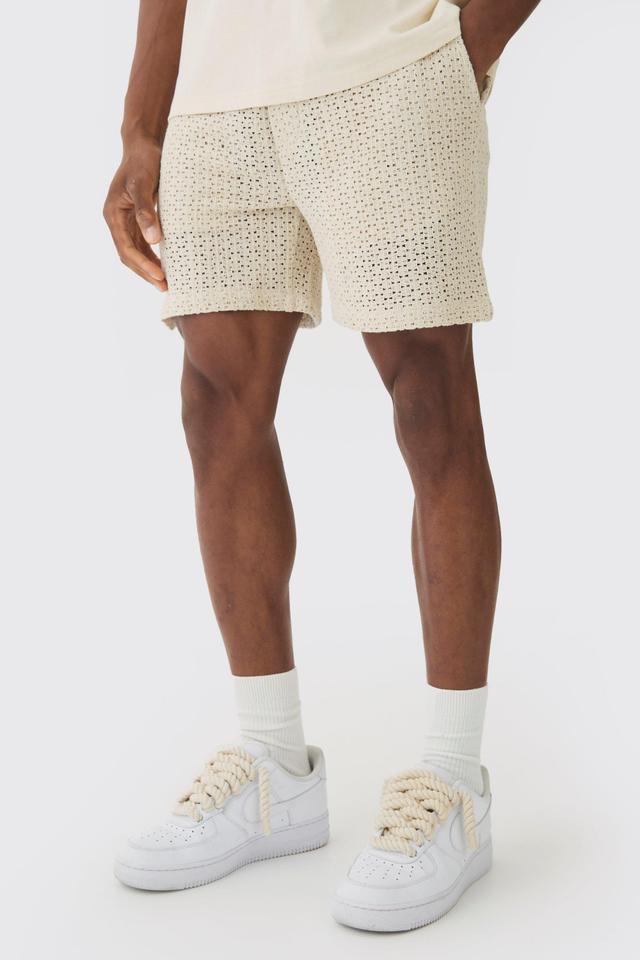 Mens Cream Elasticated Waist Crochet Bermuda Shorts, Cream Product Image