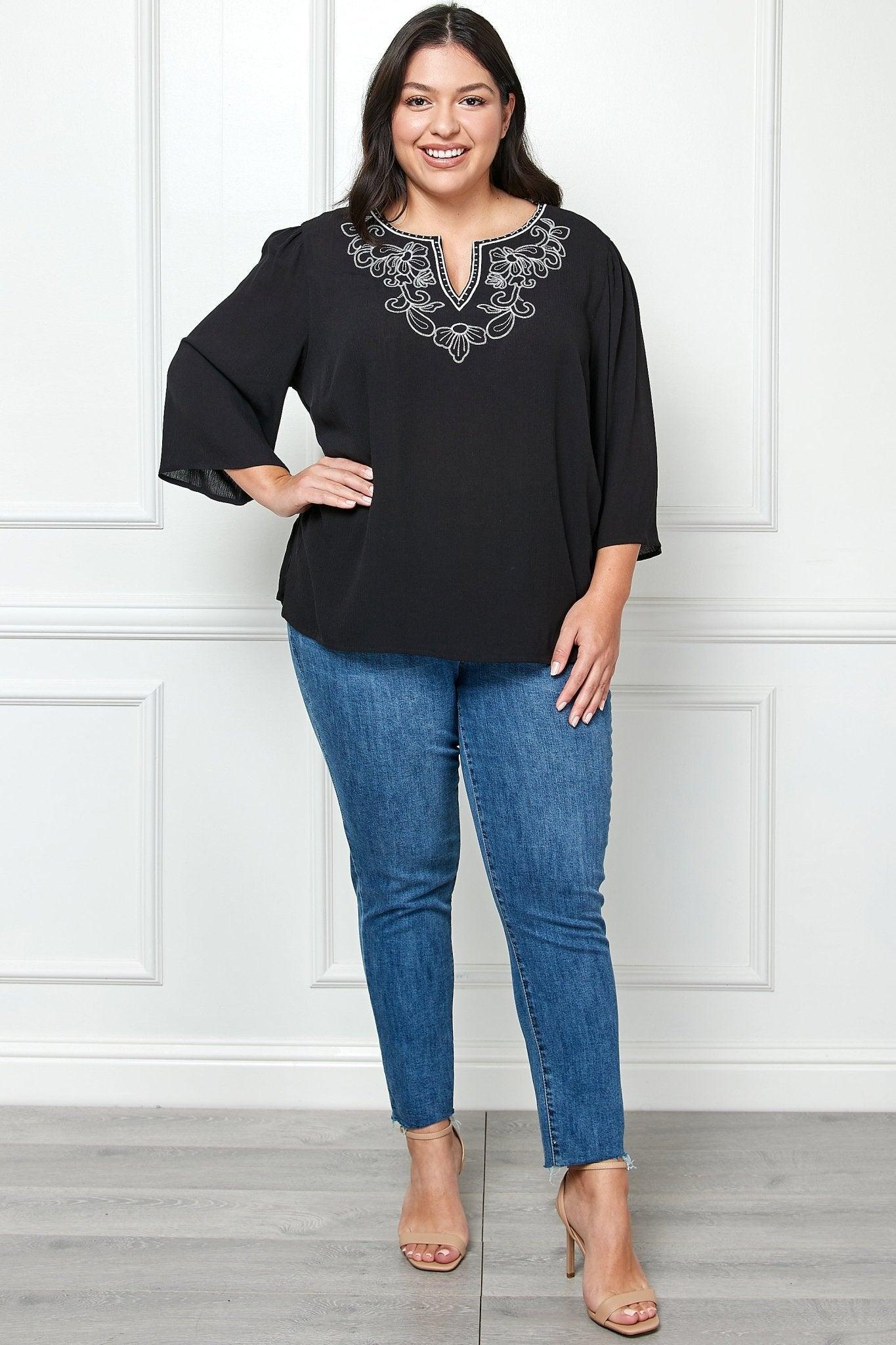 Roz & Ali 3/4 Sleeve Embroidered Top - Plus Female Product Image