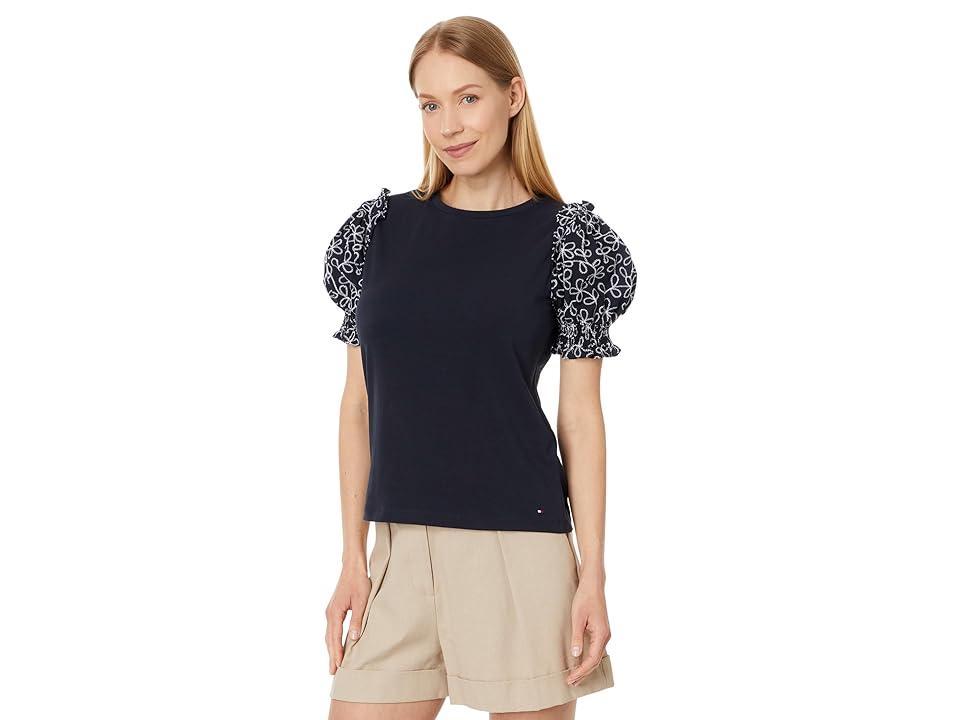 Tommy Hilfiger Short Sleeve Mixed Media Top (Sky Captain) Women's Clothing Product Image