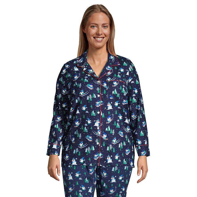 Plus Size Lands End Long Sleeve Flannel Pajama Top, Womens Blue Snow Gnomes Product Image