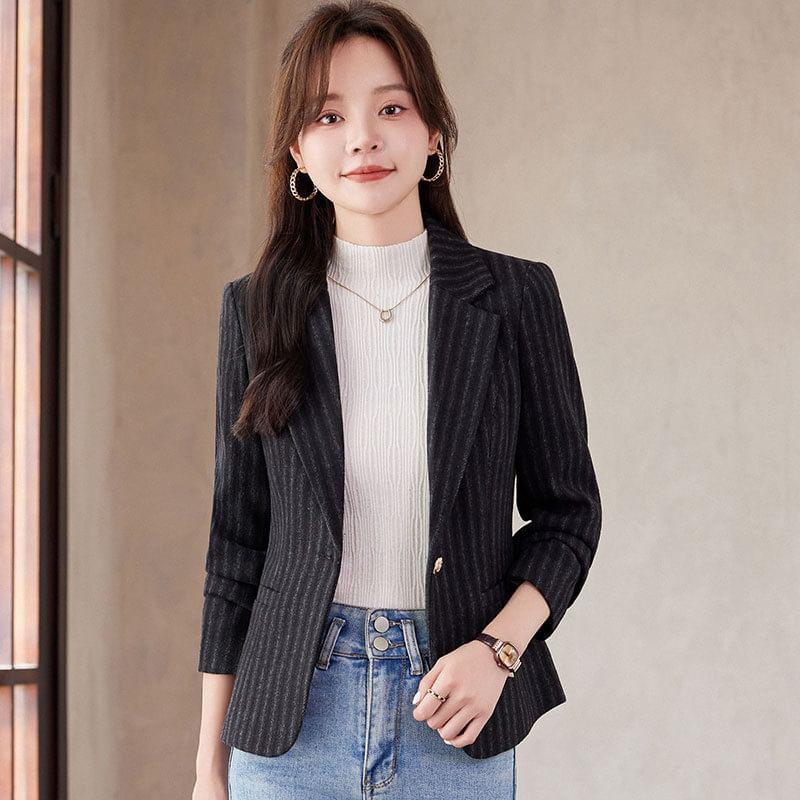 Lapel Collar Striped Single Button Blazer Product Image