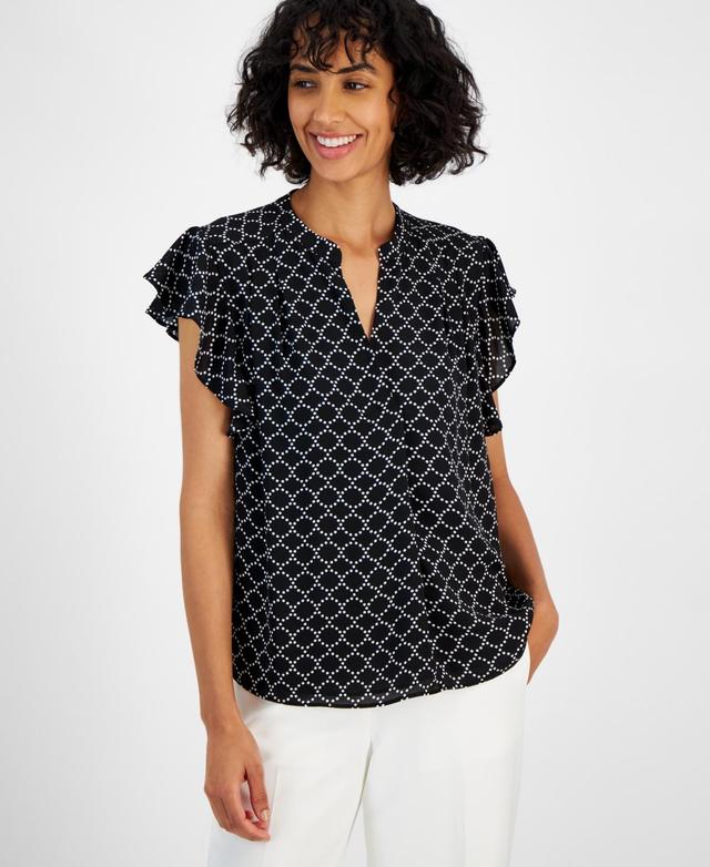 T Tahari Womens Printed Split-Neck Flutter-Sleeve Top Product Image