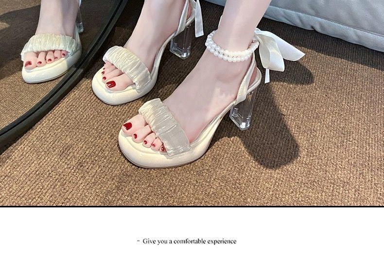 Ankle Strap Ruched Bow Faux Pearl Chunky Heel Sandals Product Image