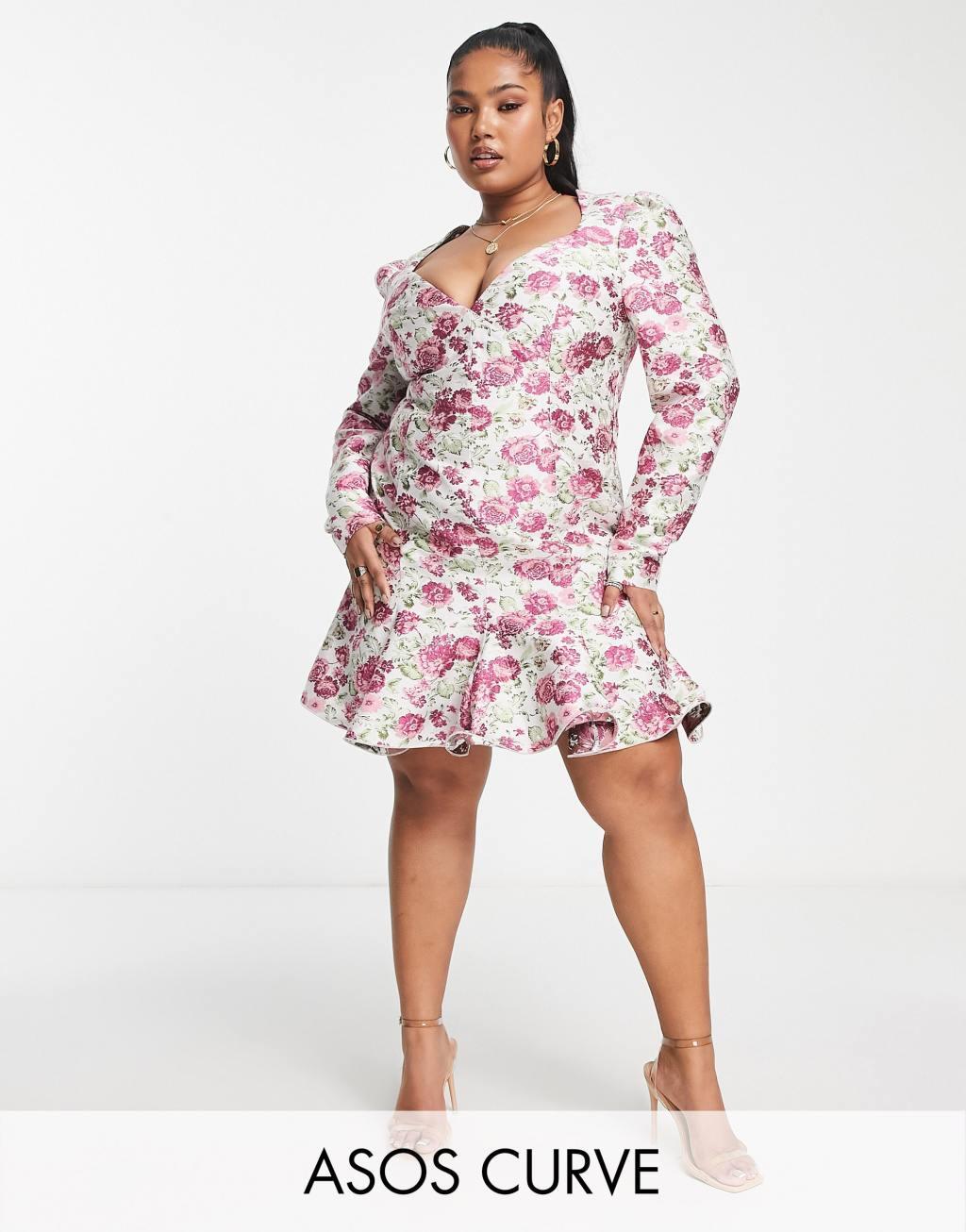 ASOS LUXE Curve sweetheart neck mini dress with long sleeves in floral jacquard product image