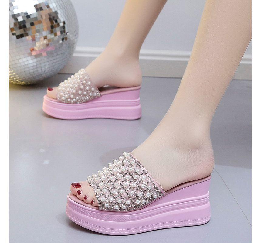 Faux Pearl Platform Wedge Slide Sandals Product Image