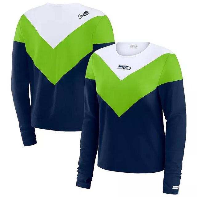 Womens WEAR by Erin Andrews College Navy/Neon Green Seattle Seahawks Plus Size Chevron Tri-Blend Long Sleeve T-Shirt Product Image