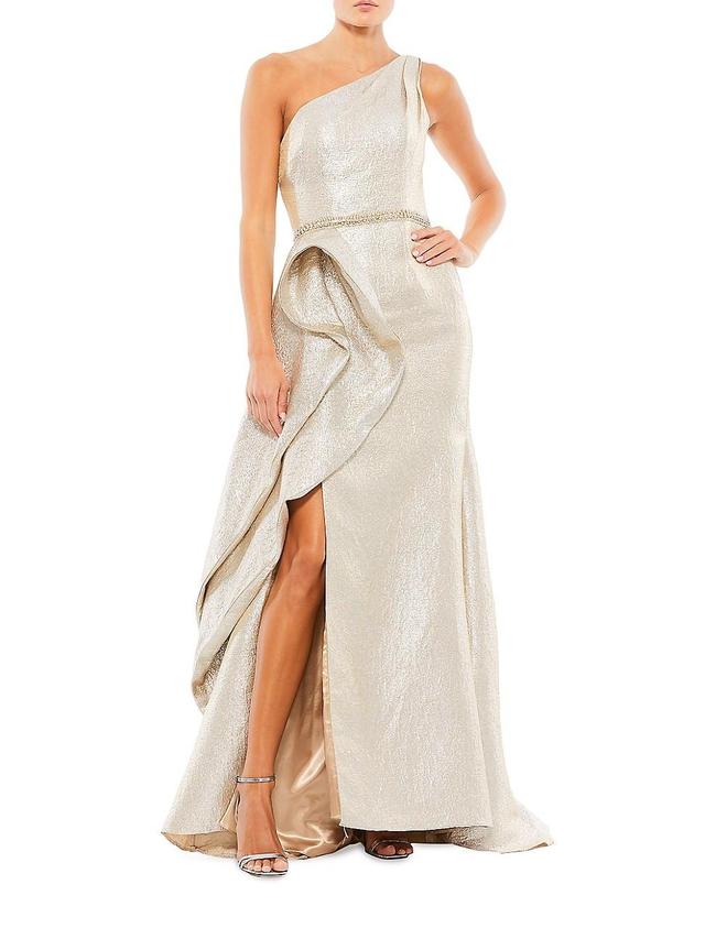 Womens Asymmetric Metallic Ruffle Gown Product Image