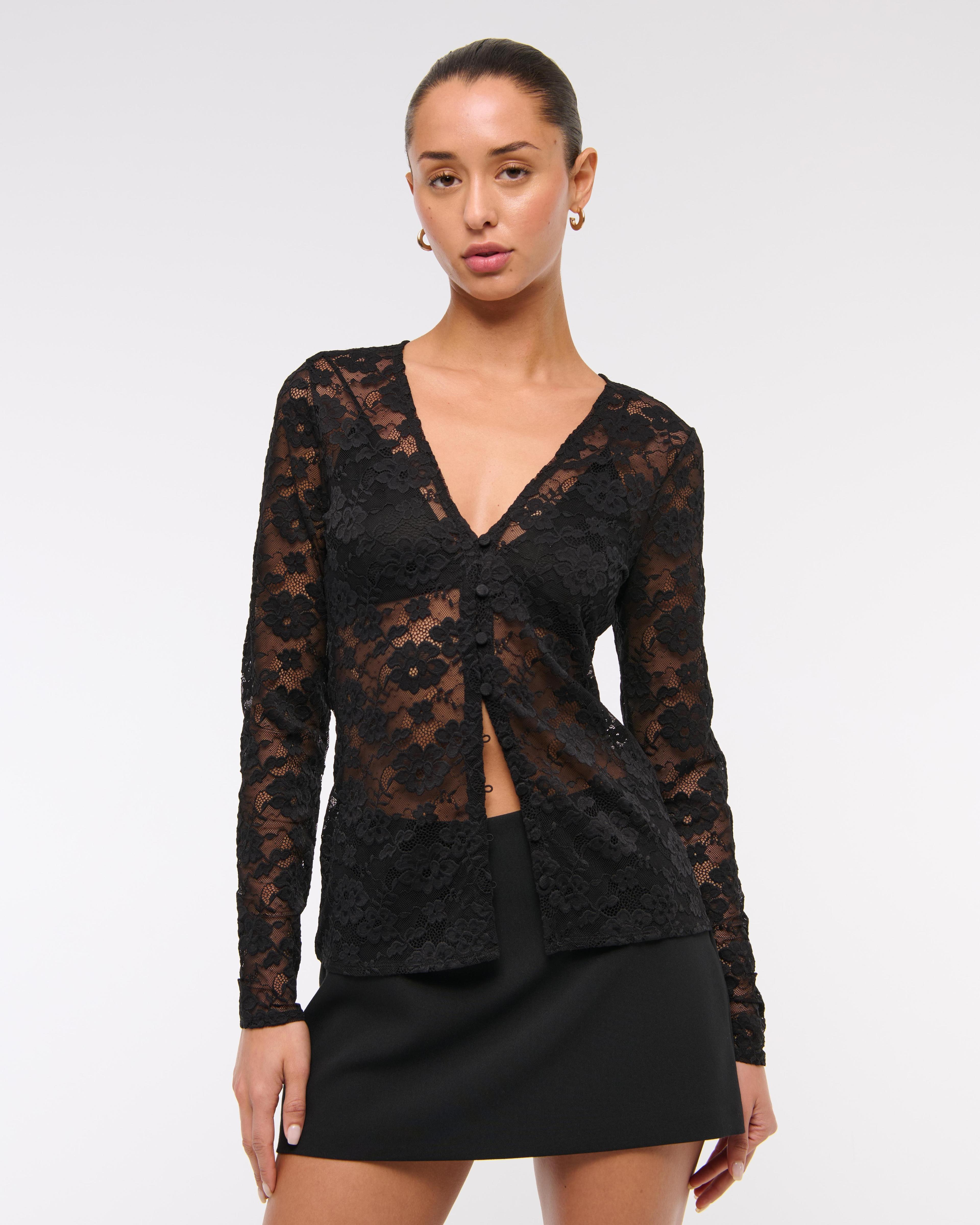 Long-Sleeve Lace Button-Through Top Product Image