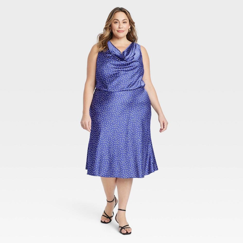 Womens Satin Midi A-Line Dress - Ava & Viv Navy Blue Polka Dots XXL Product Image