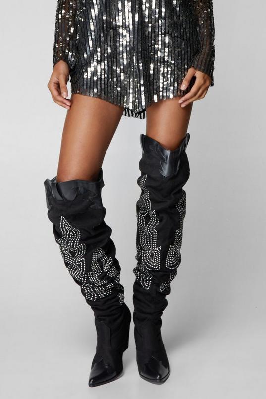 Thigh High Slouchy Embriodered Cowboy Boots Product Image