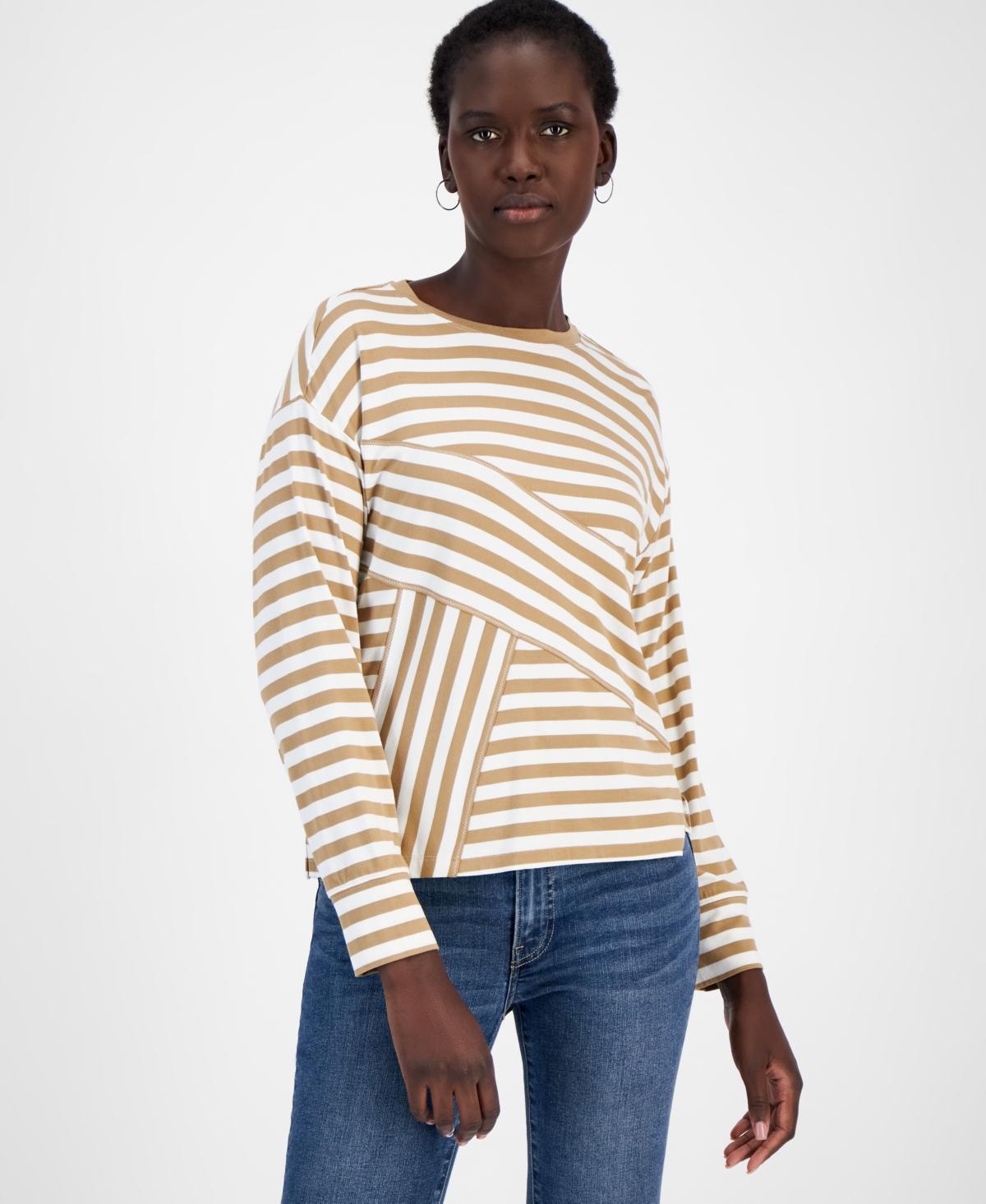 Nautica Jeans Womens Pieced Striped Long-Sleeve Top Product Image