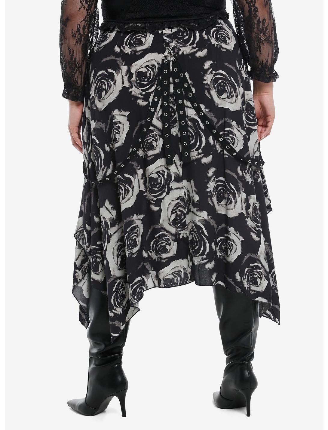 Black & Grey Rose Grommet Hem Hanky Hem Midi Skirt Plus Size Product Image