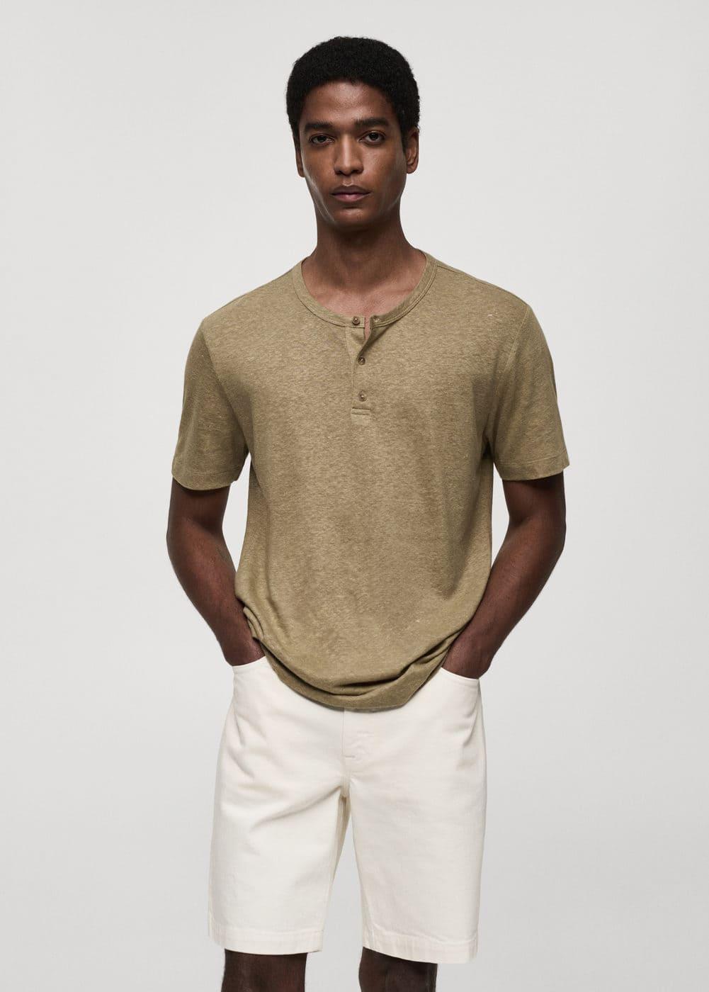 MANGO MAN - Slim-fit linen-blend t-shirt khakiMen Product Image