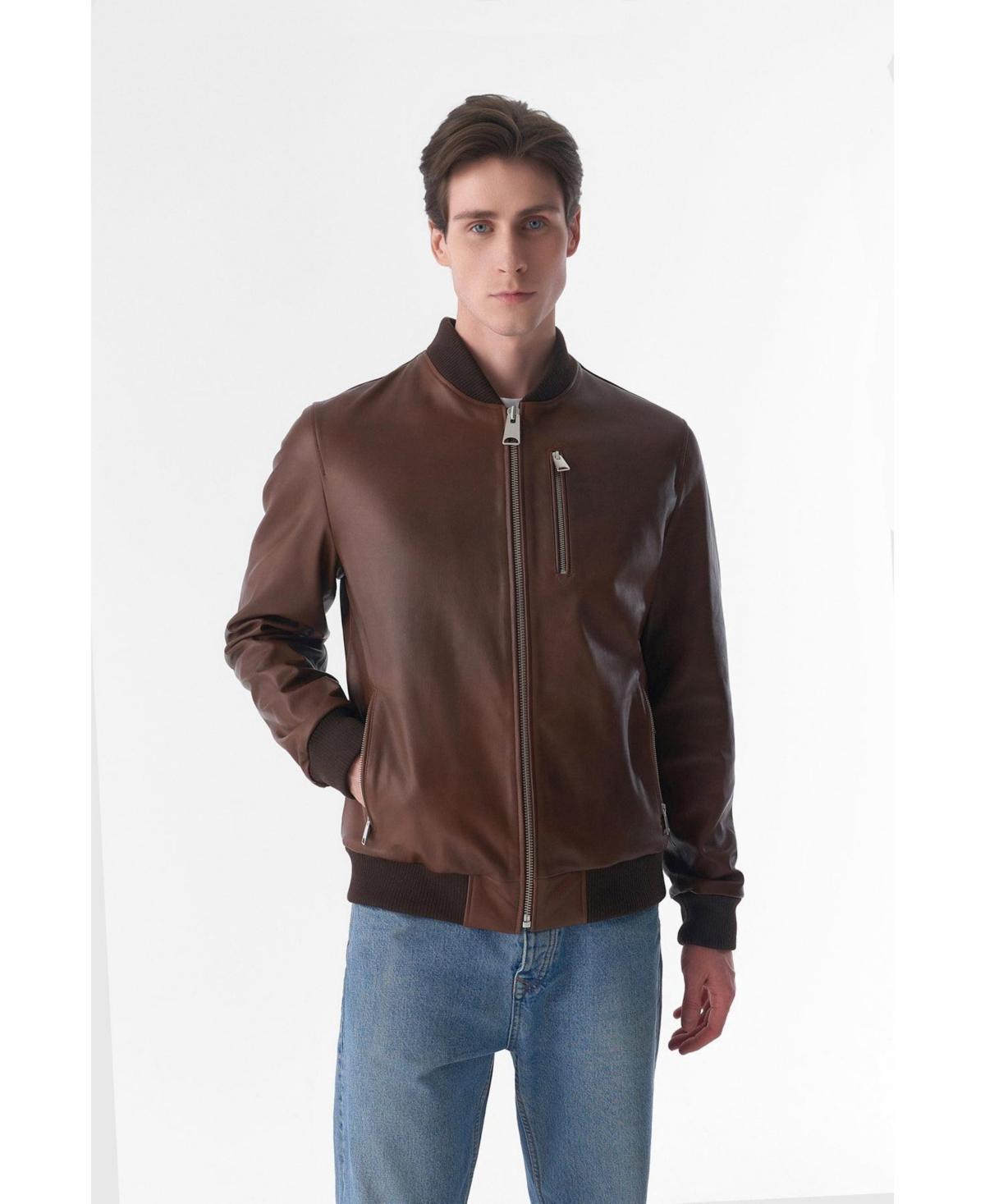 Furniq Uk Mens Genuine Leather Bomber Jacket Tan Product Image