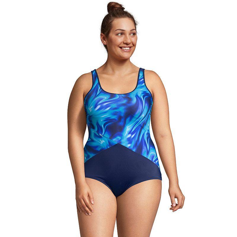 Plus Size Lands End Tummy Control Scoopneck Sporty One-Piece Swimsuit, Womens Multi Swirl Blue Product Image