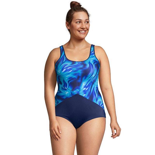 Plus Size Lands End Tummy Control Scoopneck Sporty One-Piece Swimsuit, Womens Multi Swirl Blue Product Image