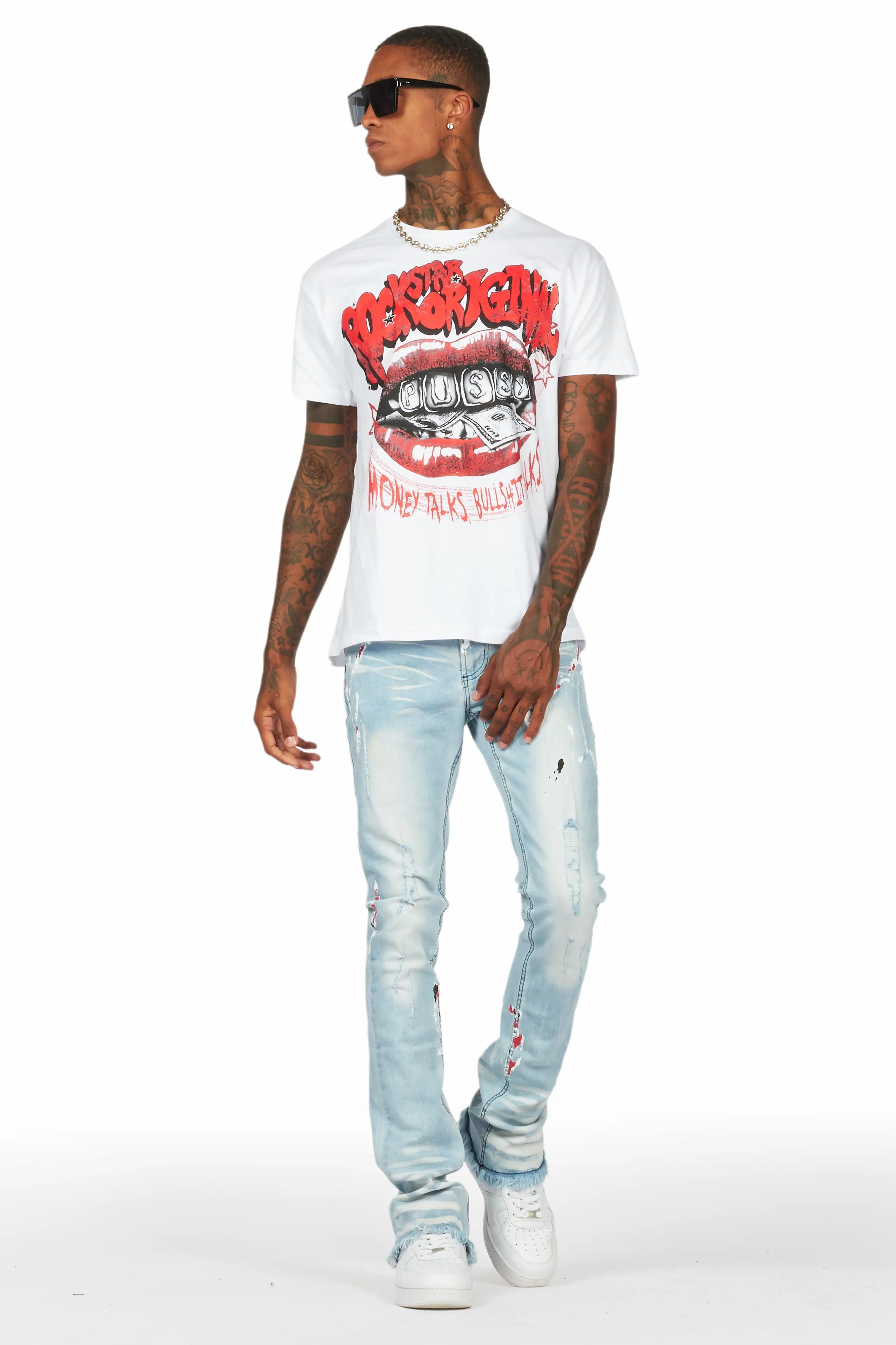 Bloke White/Blue T-Shirt/Stacked Flare Jean Set Male Product Image