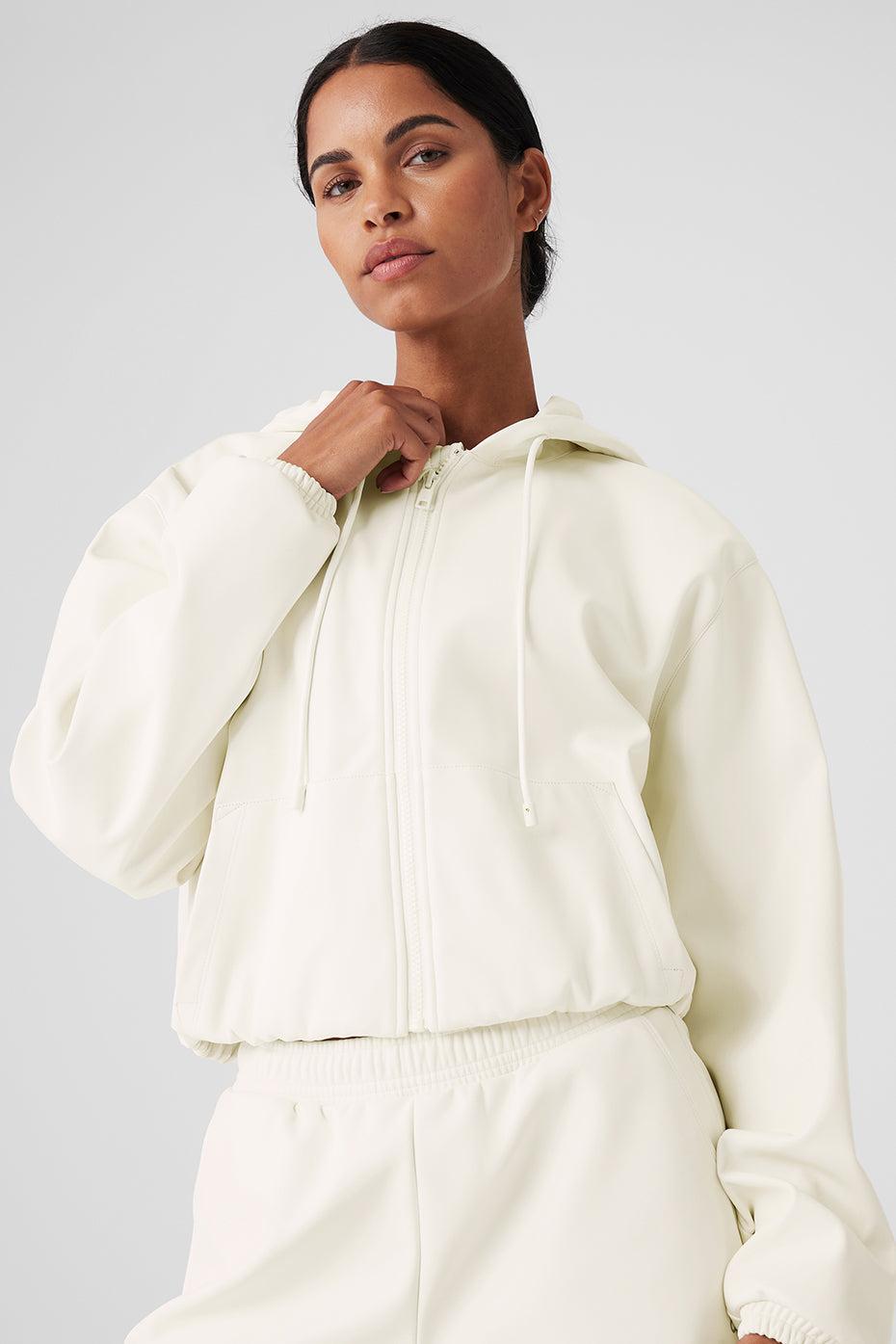 Faux Leather Power Hour Full Zip Cropped Jacket - Ivory Female Product Image