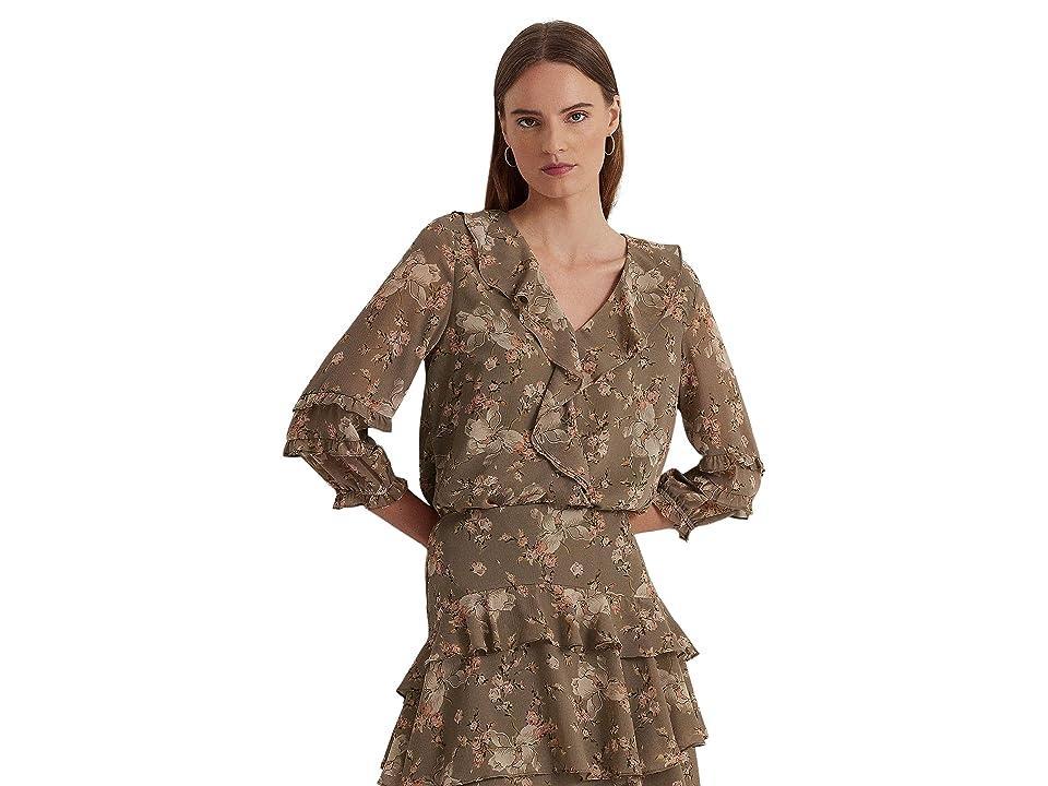 LAUREN Ralph Lauren Floral Ruffle-Trim Georgette Blouse (Taupe/Cream Women's Clothing Product Image