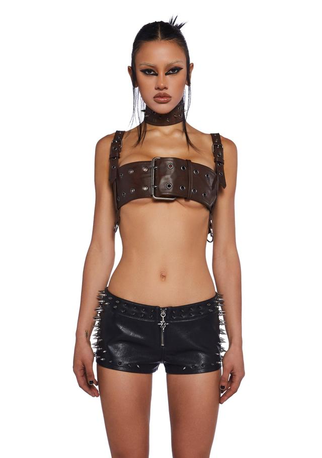 Darker Wavs Vegan Leather Belted Micro Top - Brown Product Image