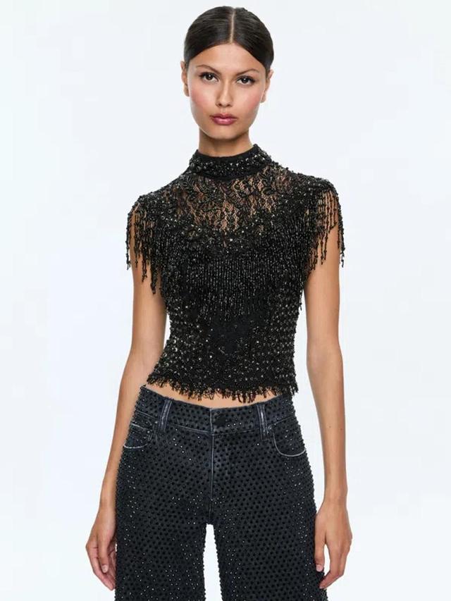 ALICE AND OLIVIA Pria Embellished Mock Neck Fringe Top In Black Product Image