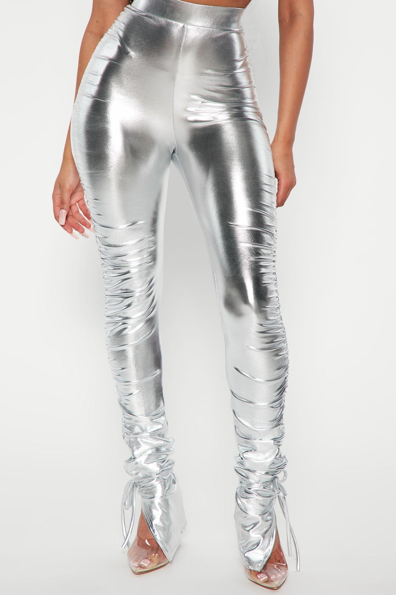 Heat Wave Faux Leather Stacked Legging- Silver product image