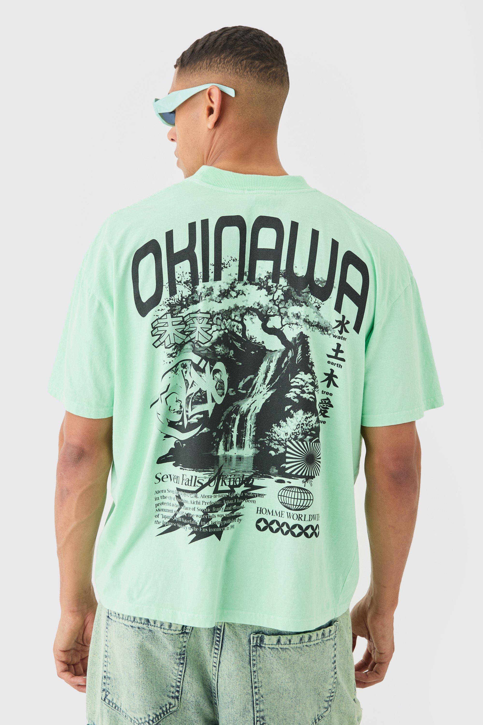 Oversized Boxy Extended Neck Okinawa Print Wash T-shirt | boohooMAN USA Product Image