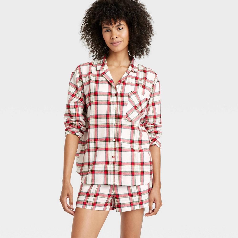 Women's Plaid Flannel Long Sleeve Top and Shorts Pajama Set - Auden™ Cream M Product Image