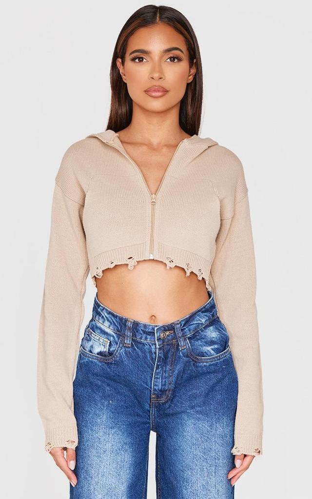 Mocha Knitted Zip Up Distressed Detail Cropped Sweater Product Image