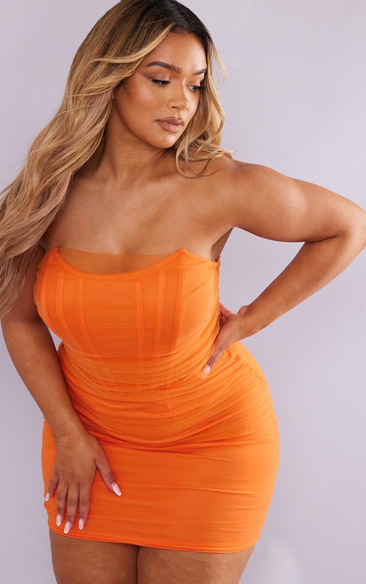 Shape Orange Mesh Corset Detail Ruched Bodycon Dress Product Image