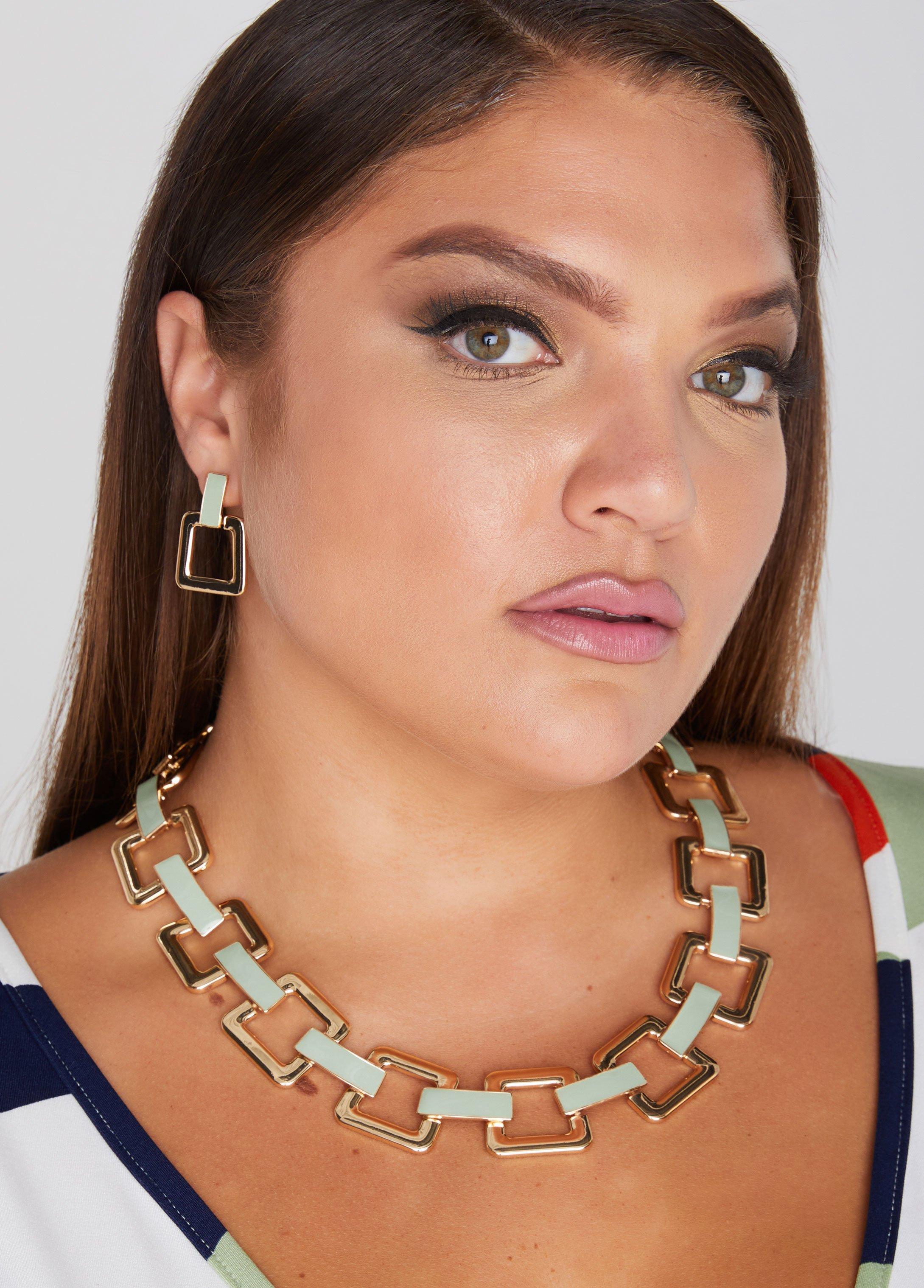 Plus Size Chain Link Enamel Necklace Set, - Ashley Stewart Product Image