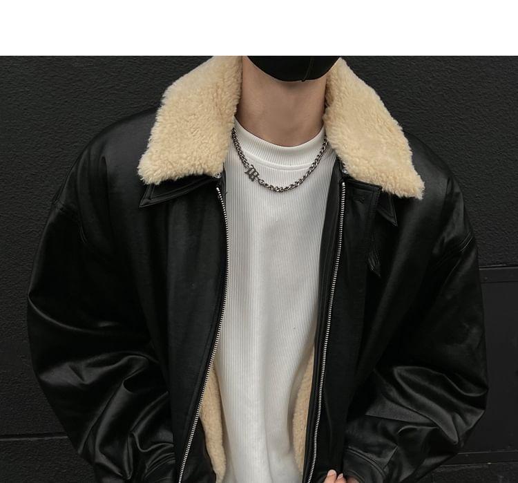 Faux Shearling Collar Faux Leather Zip Jacket product image