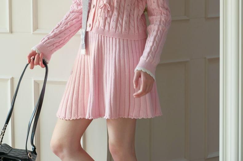 Collar Plain Bow Poinetlle Knit Cardigan / High Rise Ribbed Knit Mini A-Line Skirt Product Image