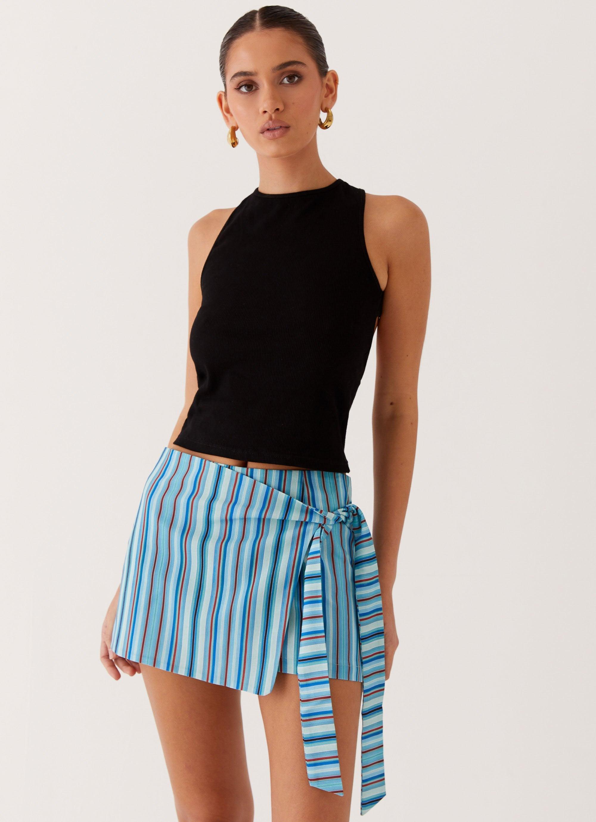 Steal Away Linen Wrap Skirt - Blue Stripe Product Image