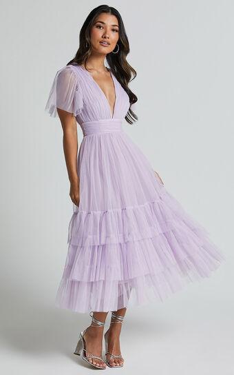 Jiraye Midi Dress - Flutter Sleeve Tuelle Plunge Dress in Lilac Product Image