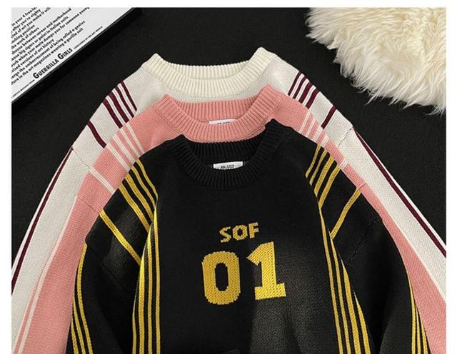 Crew Neck Striped Lettering Sweater Product Image