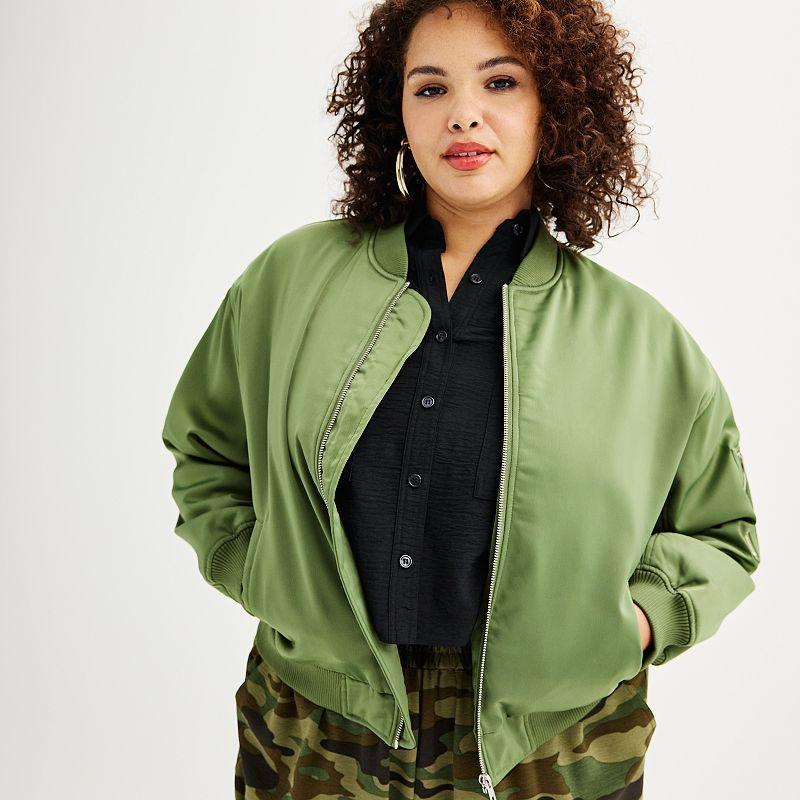 Plus Size INTEMPO Classic Satin Bomber Jacket, Womens Green Product Image