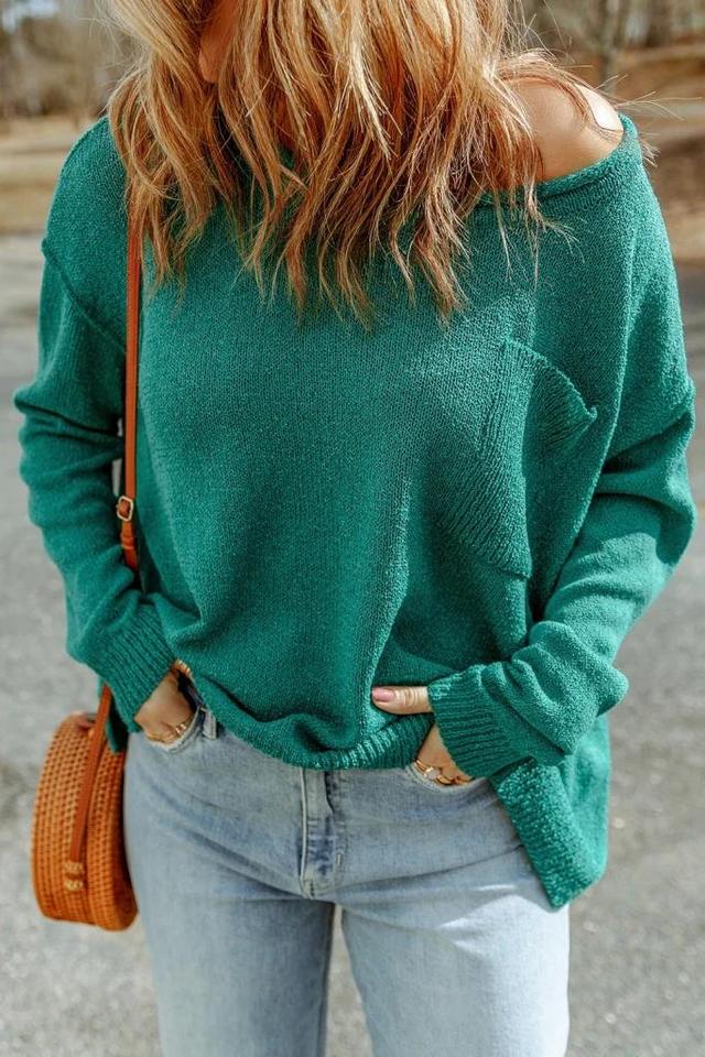 Olivia Mark – Off Shoulder Rib Knit Sweater with Pocket in a Solid Color Product Image