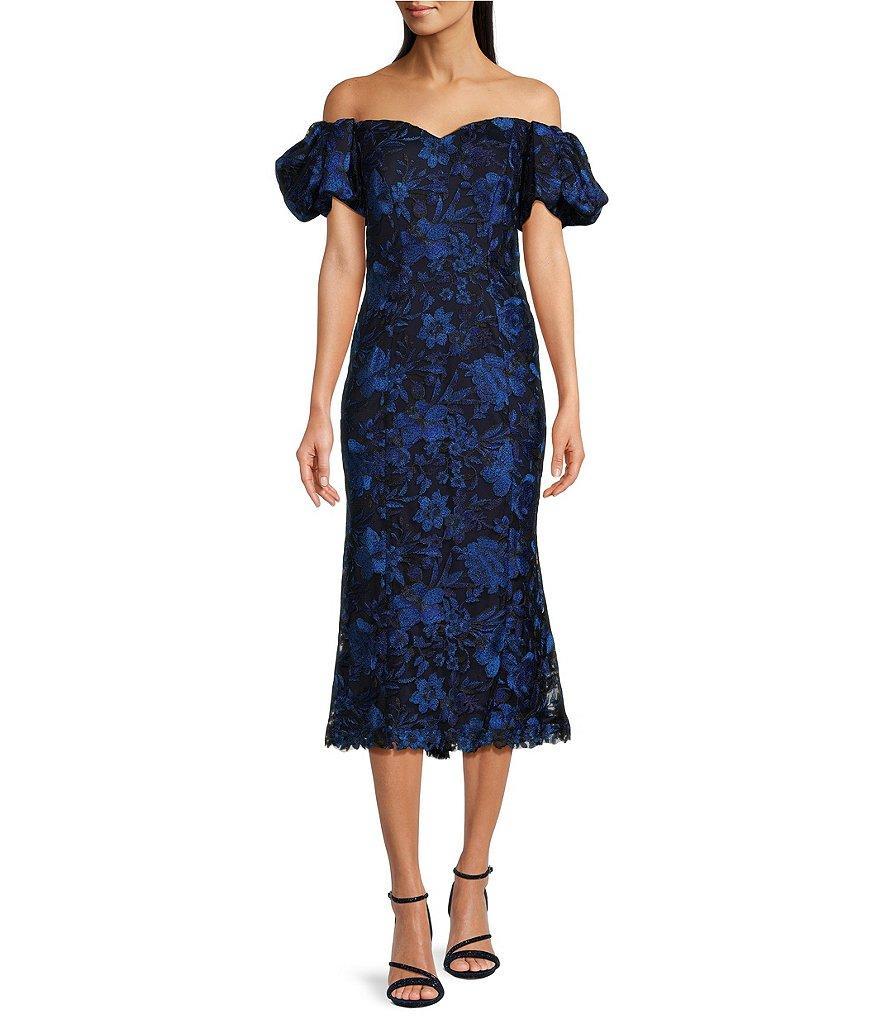 Tadashi Shoji Floral Lace Embroidered Sweetheart Off The Shoulder Neck Short Puff Sleeve Fit And Flare Midi Dress Product Image