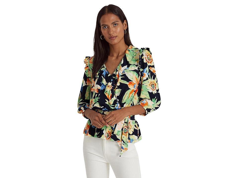 LAUREN Ralph Lauren Petite Floral Jersey Belted Peplum Top (Navy Multi) Women's Clothing Product Image