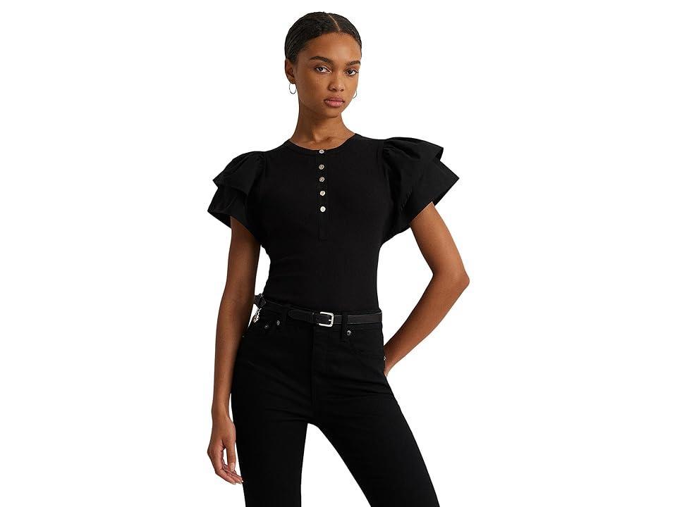 Lauren Ralph Lauren Stretch Cotton Flutter-Sleeve Henley Top Women's Clothing Product Image