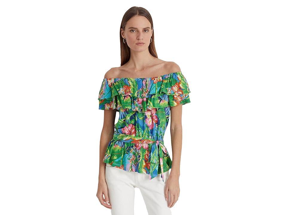 LAUREN Ralph Lauren Petite Floral Jersey Off-the-Shoulder Top Blue Multi) Women's Clothing Product Image