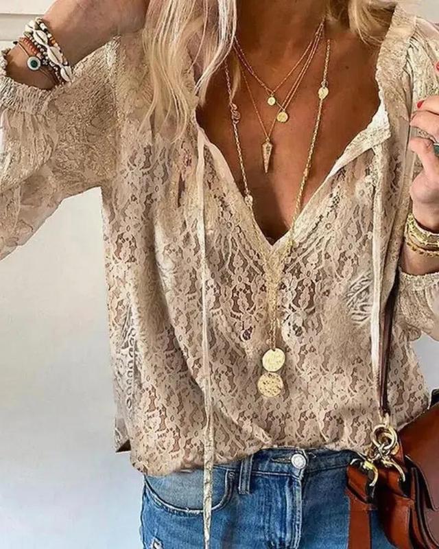 Olivia Mark – Florla Lace V-Neck Long Sleeve Top Product Image