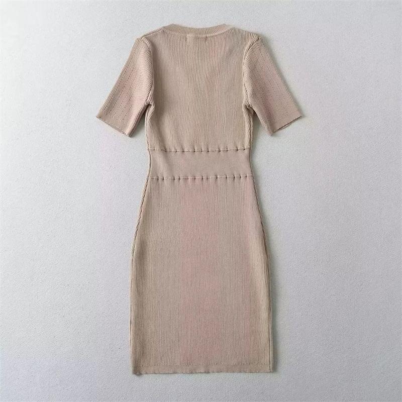 Short-Sleeve V-Neck Knit Midi Sheath Dress Product Image