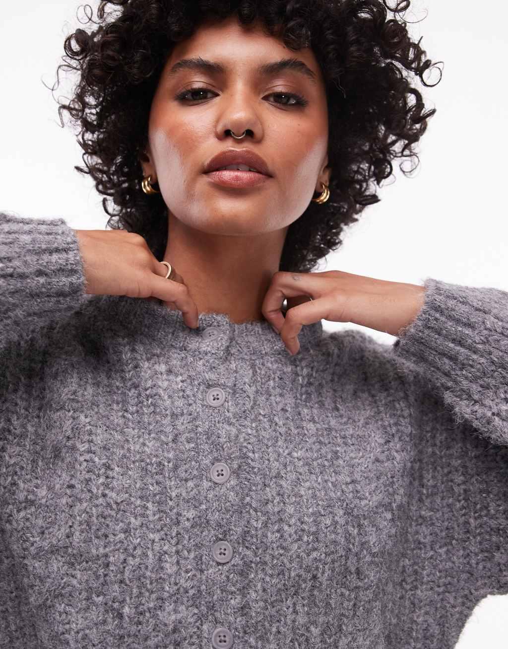 Topshop knitted cropped fluffy cable cardi in gray Product Image