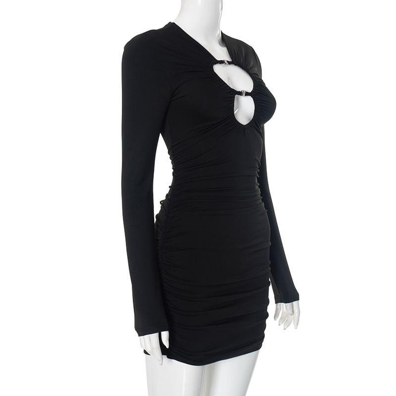 Long-Sleeve Plain Cutout Ruched Mini Sheath Dress Product Image