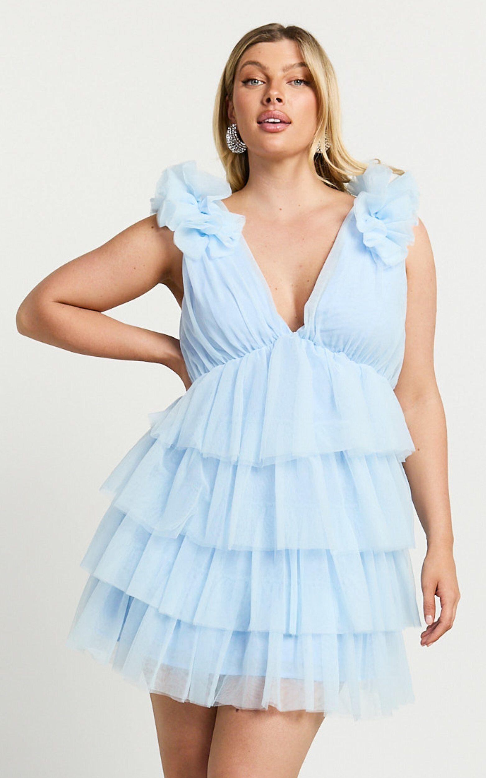 Hayden Mini Dress - Low Back Tulle Tiered Dress in Light Blue Product Image