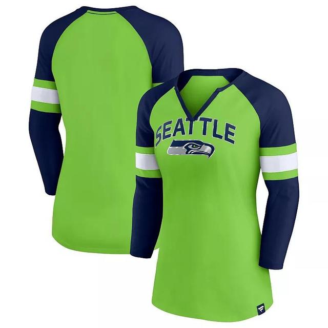 Womens Fanatics Branded Neon Green/College Navy Seattle Seahawks Arch Raglan 3/4-Sleeve Notch Neck T-Shirt Product Image